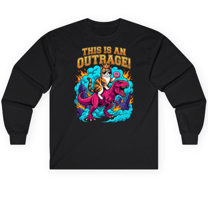 THIS IS AN OUTRAGE! Cat riding a T-Rex Long Sleeve Tee Black product mockup