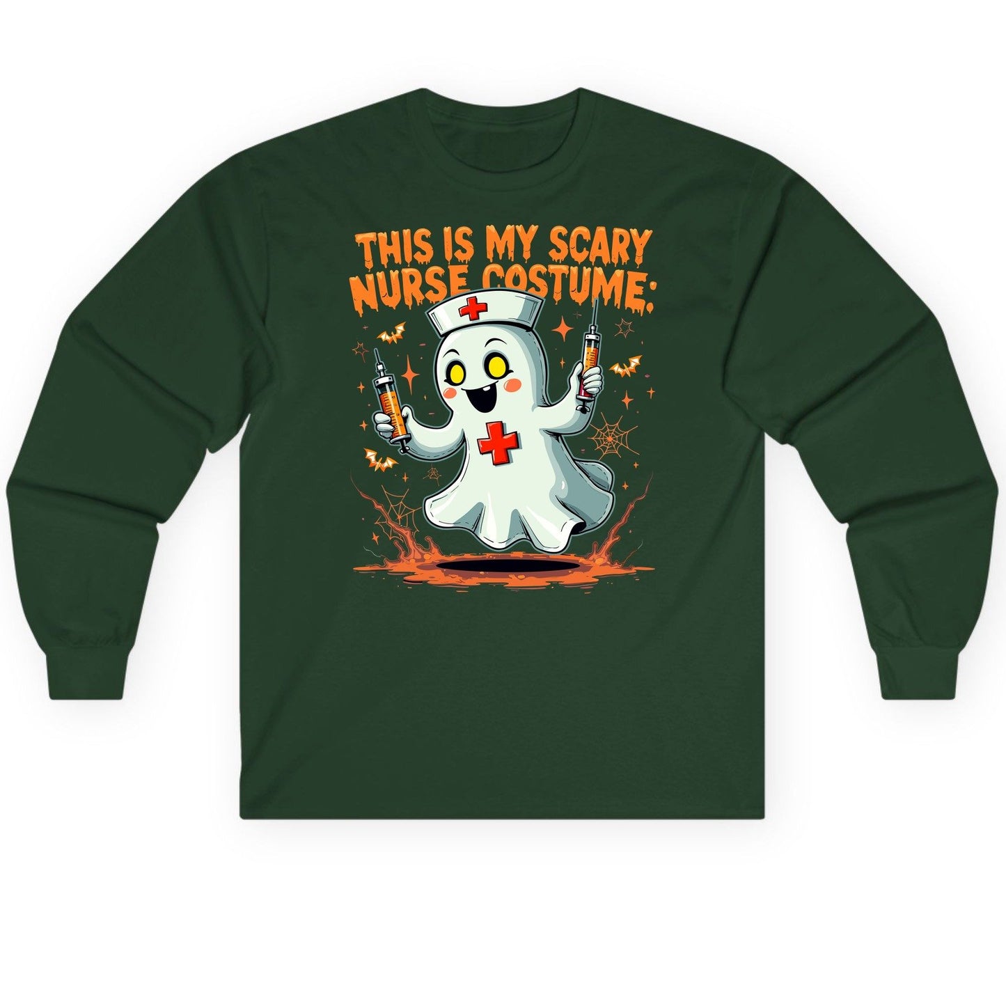This Is My Scary Nurse Costume ghost nurse Long Sleeve Tee Forest Green product mockup
