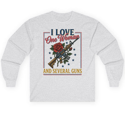 I LOVE One Woman AND Several GUNS Funny Pro-Gun Long Sleeve Tee - product mockup - Ash
