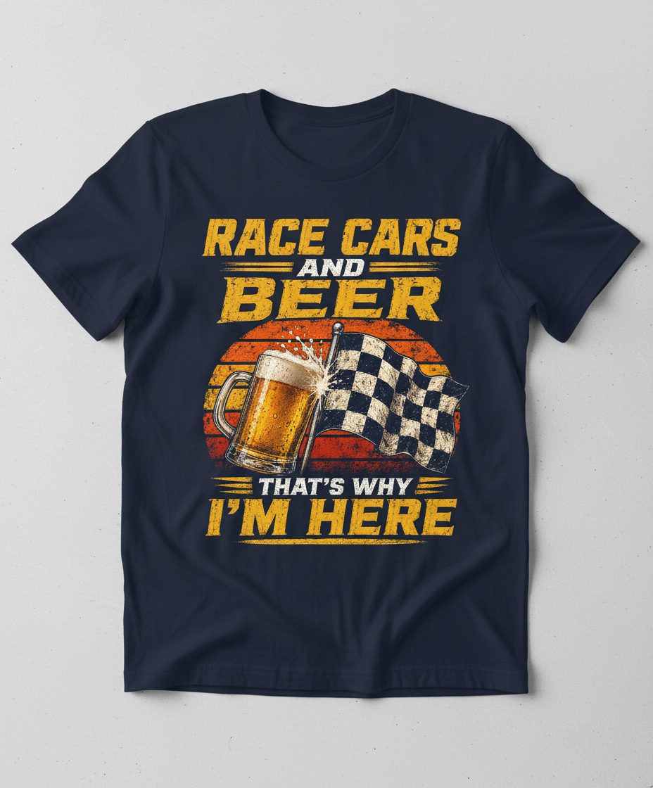 Race Cars and Beer That's Why I'm Here Funny Racing T-Shirt - product mockup - Navy