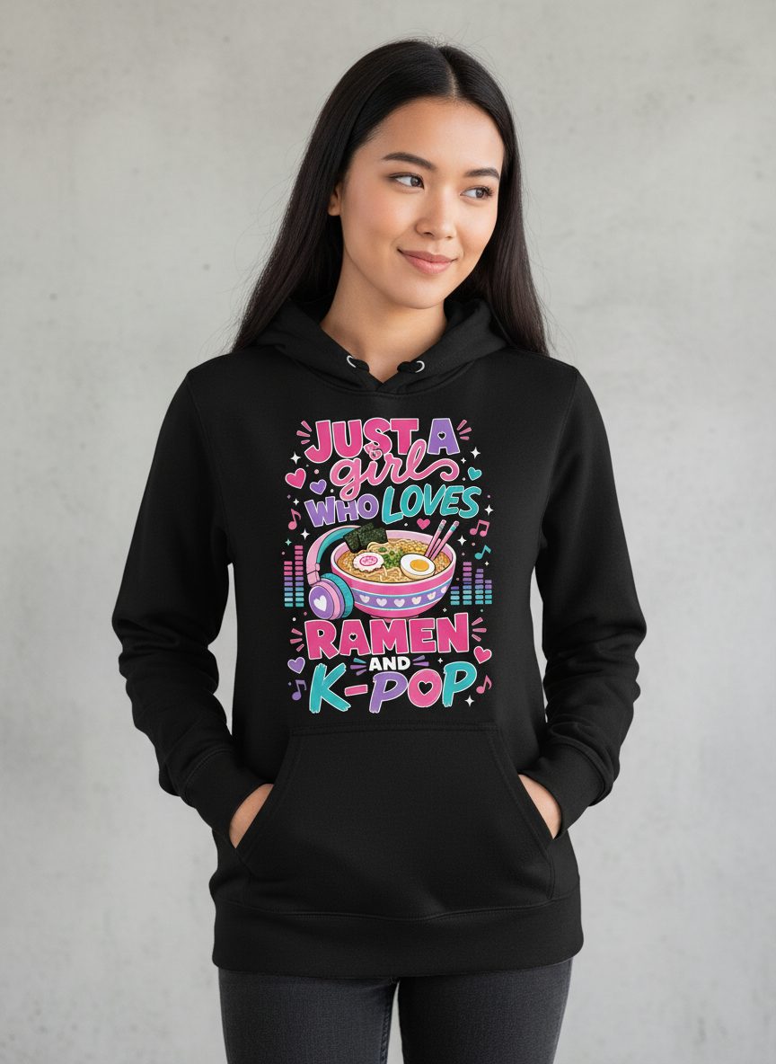 Just a Girl Who Loves Ramen and K-Pop and Ramen Hoodie - product mockup - Black