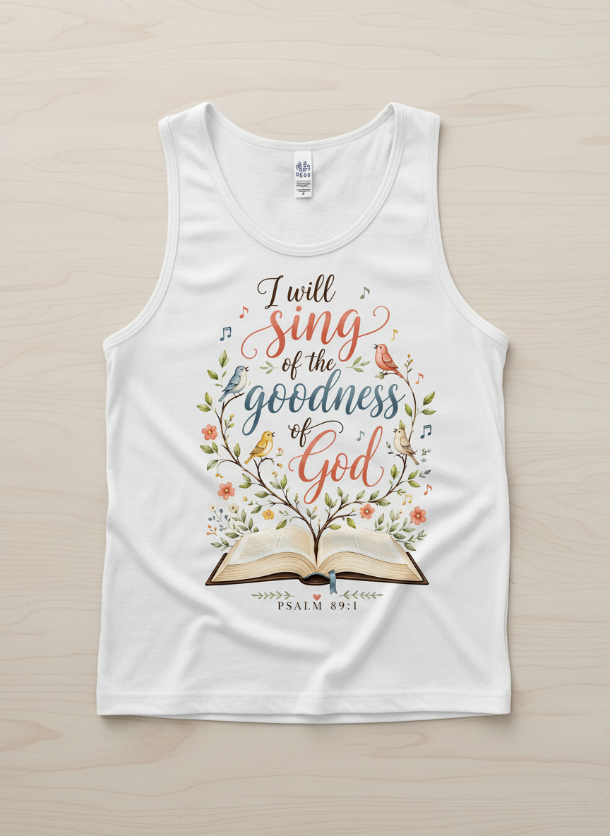I Will Sing of the Goodness of God Psalm 89:1 Christian Verse Tank Top - White