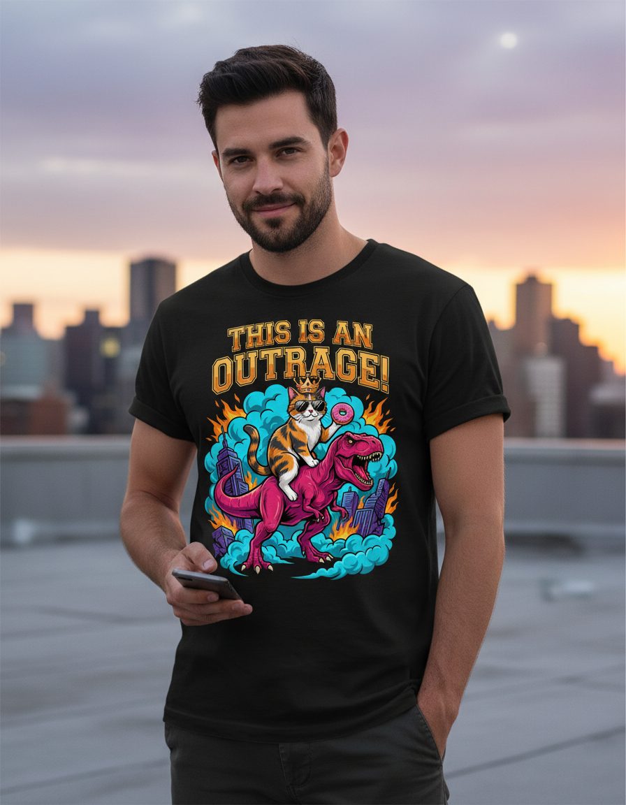 THIS IS AN OUTRAGE! Cat riding a T-Rex T-Shirt Black lifestyle mockup