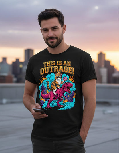 THIS IS AN OUTRAGE! Cat riding a T-Rex T-Shirt Black lifestyle mockup