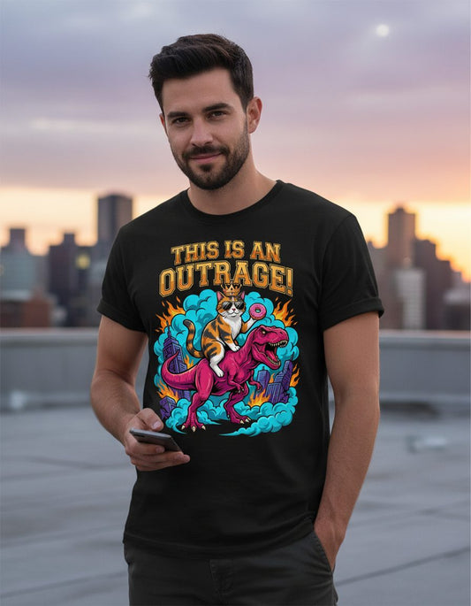 THIS IS AN OUTRAGE! Cat riding a T-Rex T-Shirt Black lifestyle mockup