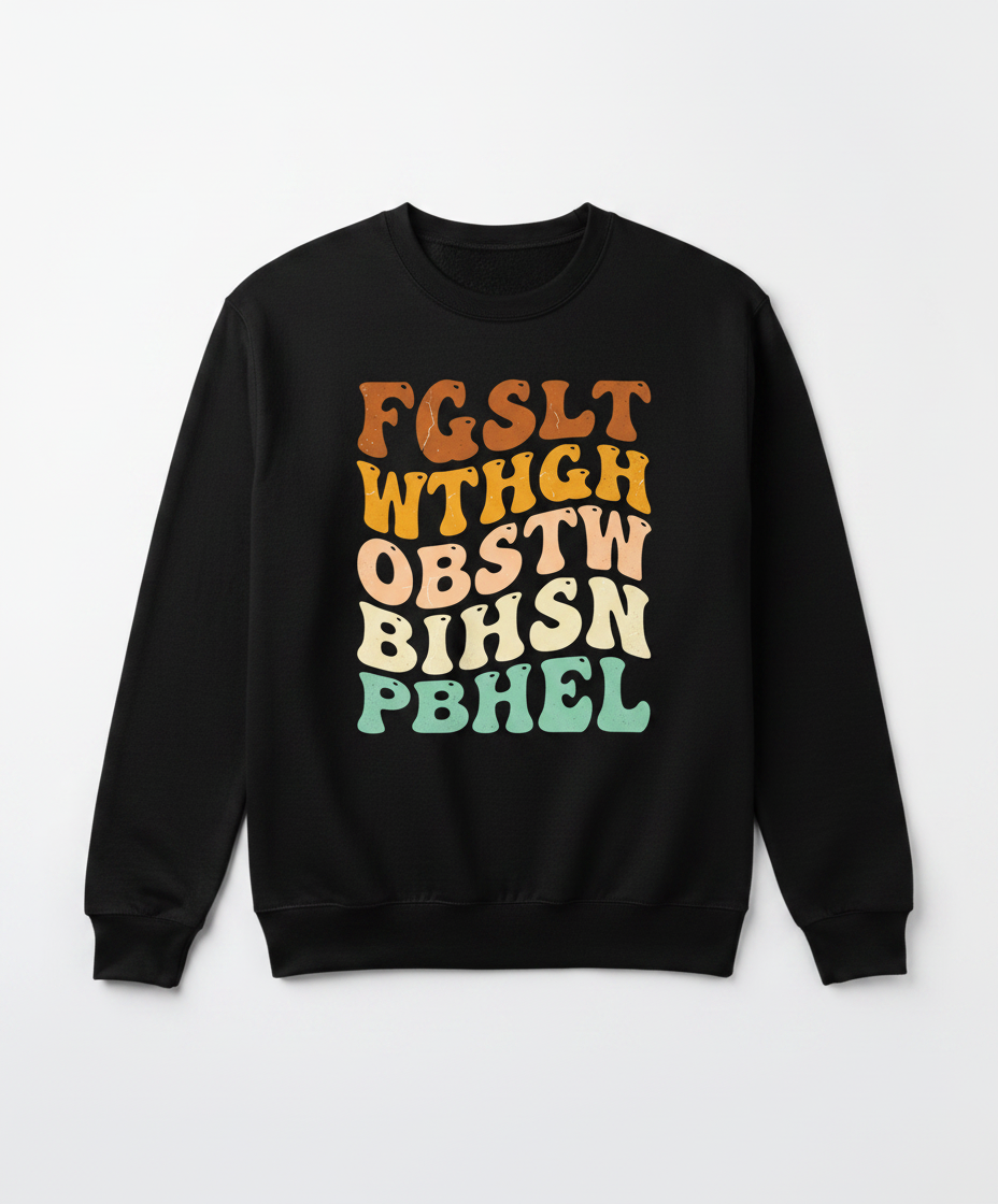 Retro 70s Groovy Wavy Alphabet Design Sweatshirt - Black