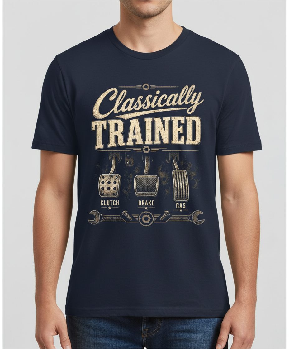 Classically Trained Retro Manual Transmission T-Shirt - product mockup - Navy