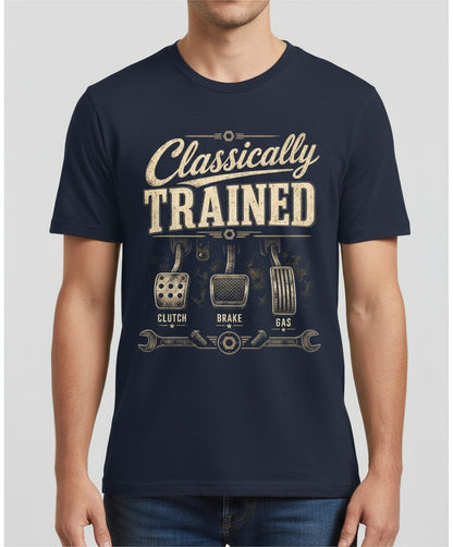 Classically Trained Retro Manual Transmission T-Shirt - product mockup - Navy