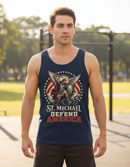 St Michael Defend America Patriotic Christian Tank Top - product mockup - Navy