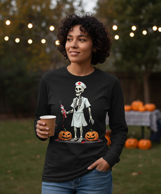 Spooky Skeleton Nurse Halloween skeleton nurse Long Sleeve Tee Black lifestyle mockup
