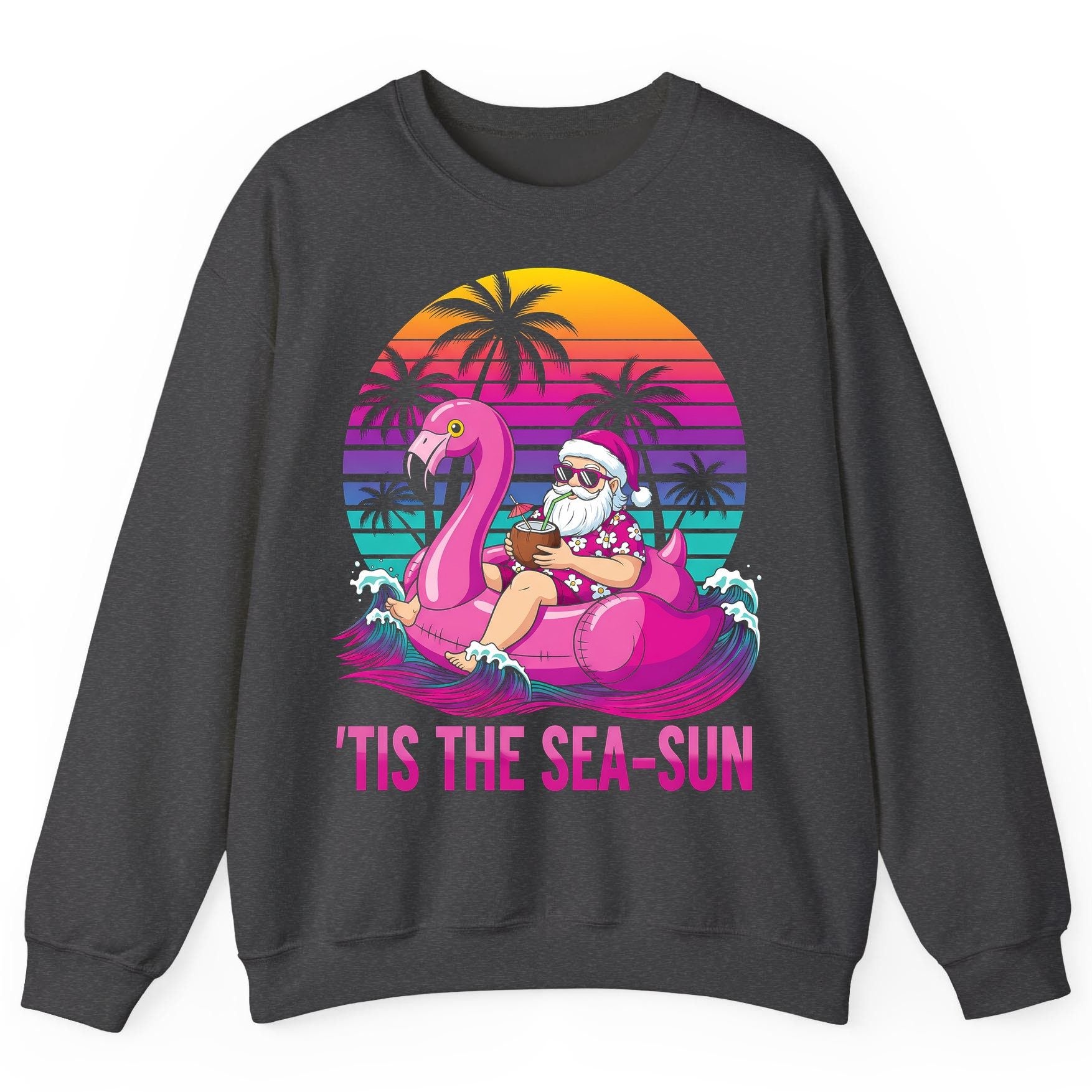 'Tis the Sea-Sun tropical santa claus Sweatshirt Dark Heather product mockup