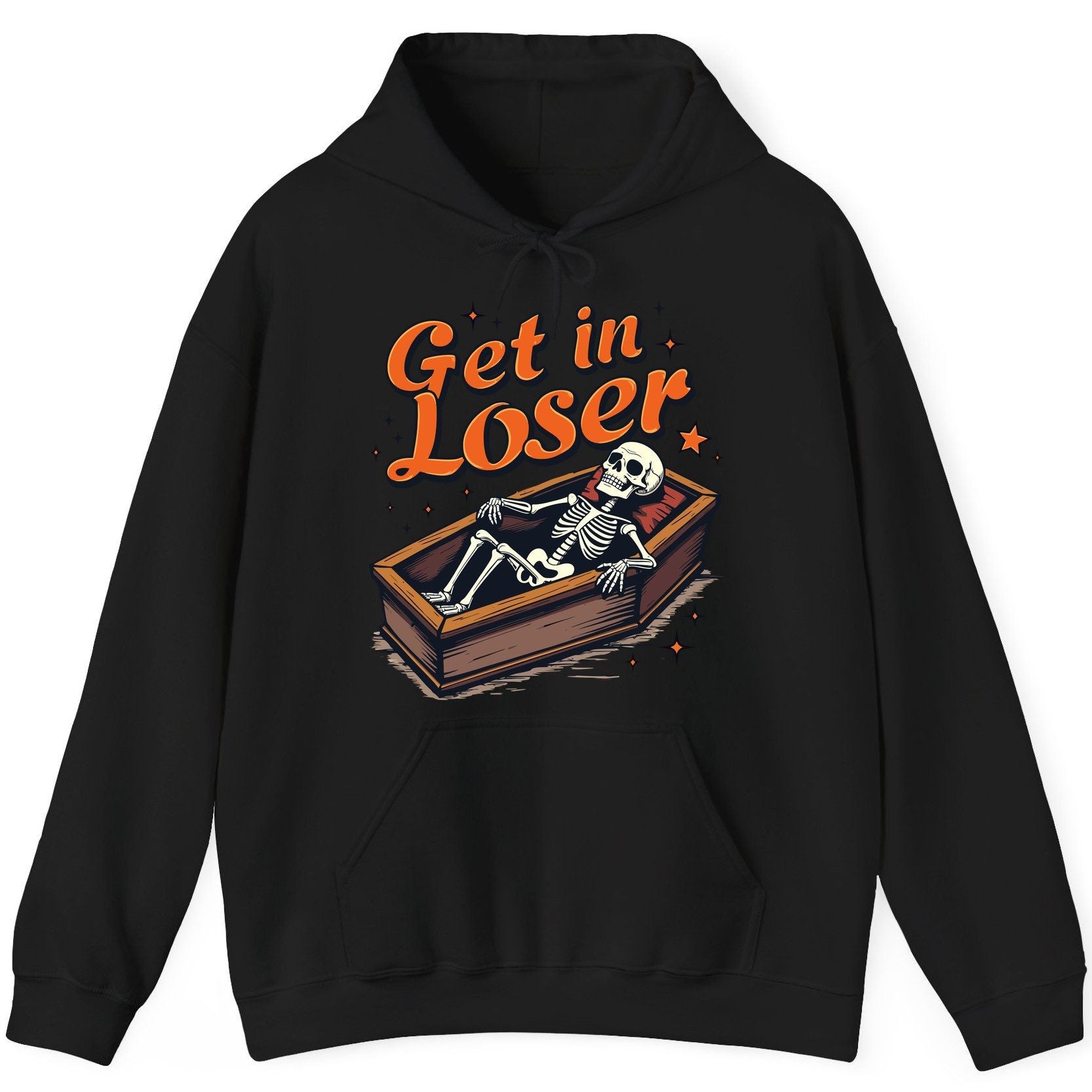 Get in Loser skeleton in coffin Hoodie Black product mockup