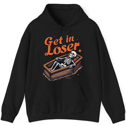 Get in Loser skeleton in coffin Hoodie Black product mockup