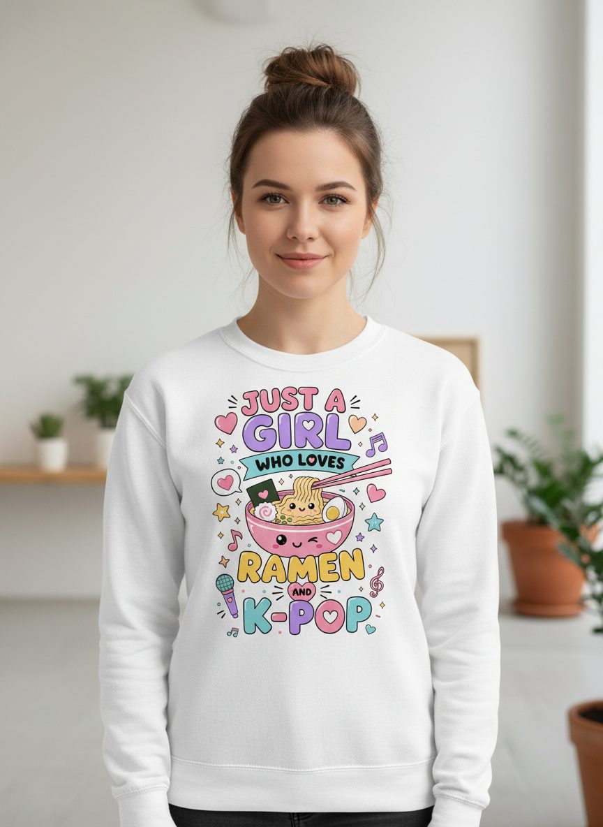 Just a Girl Who Loves Ramen and K-Pop Fans Sweatshirt - product mockup - White