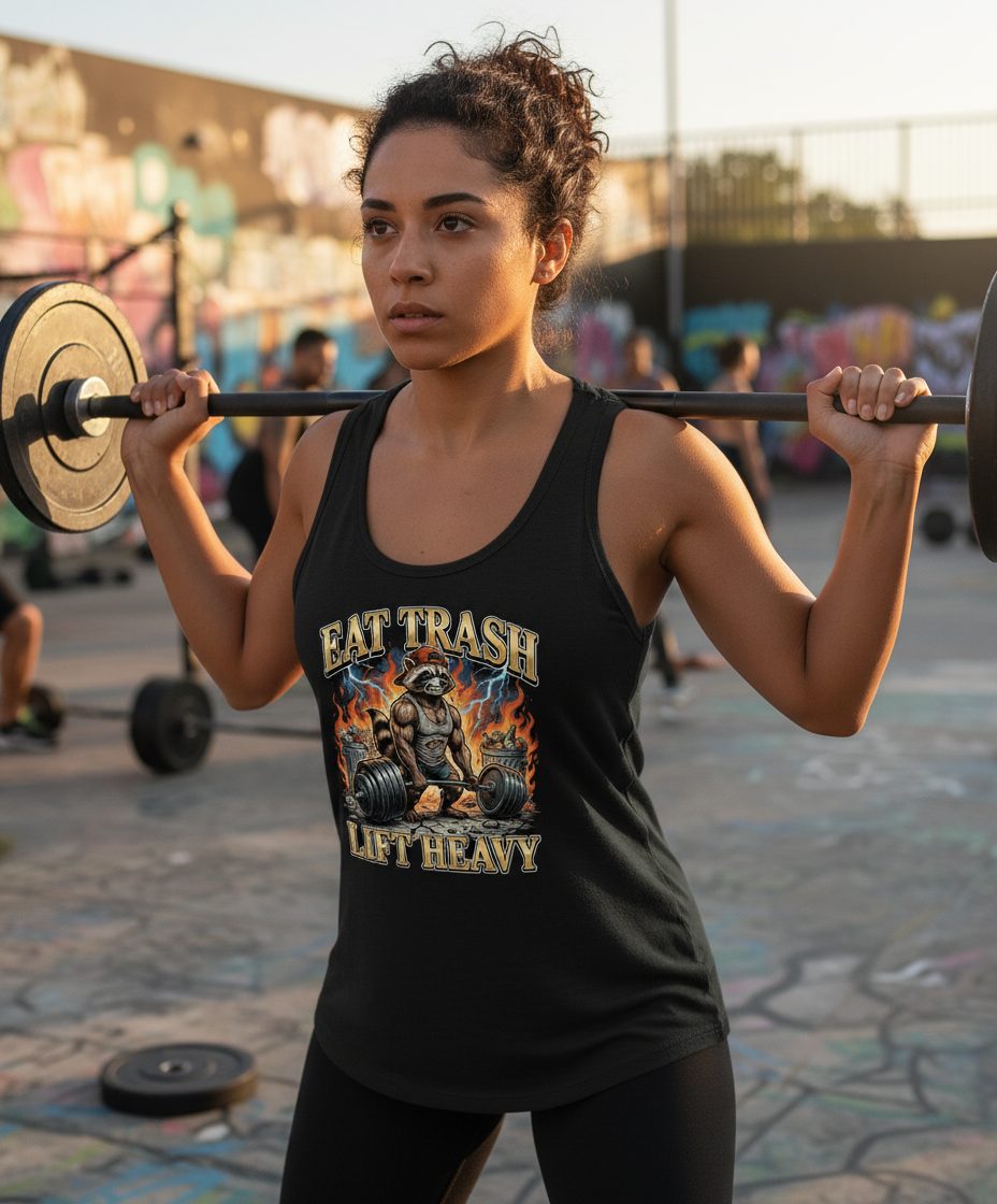 Eat Trash Lift Heavy raccoon Tank Top Black lifestyle mockup