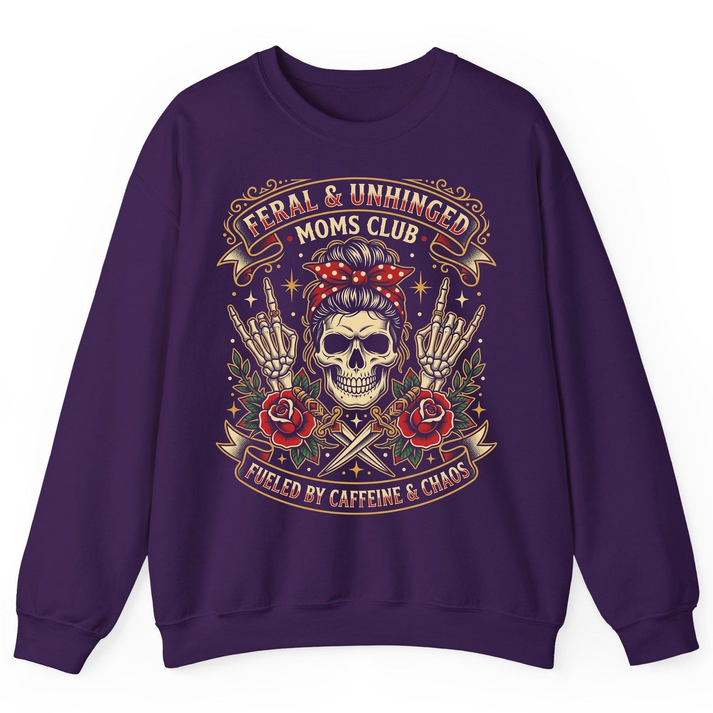 Feral & Unhinged Moms Club Fueled by Caffeine & Chaos Sweatshirt - product mockup - Purple