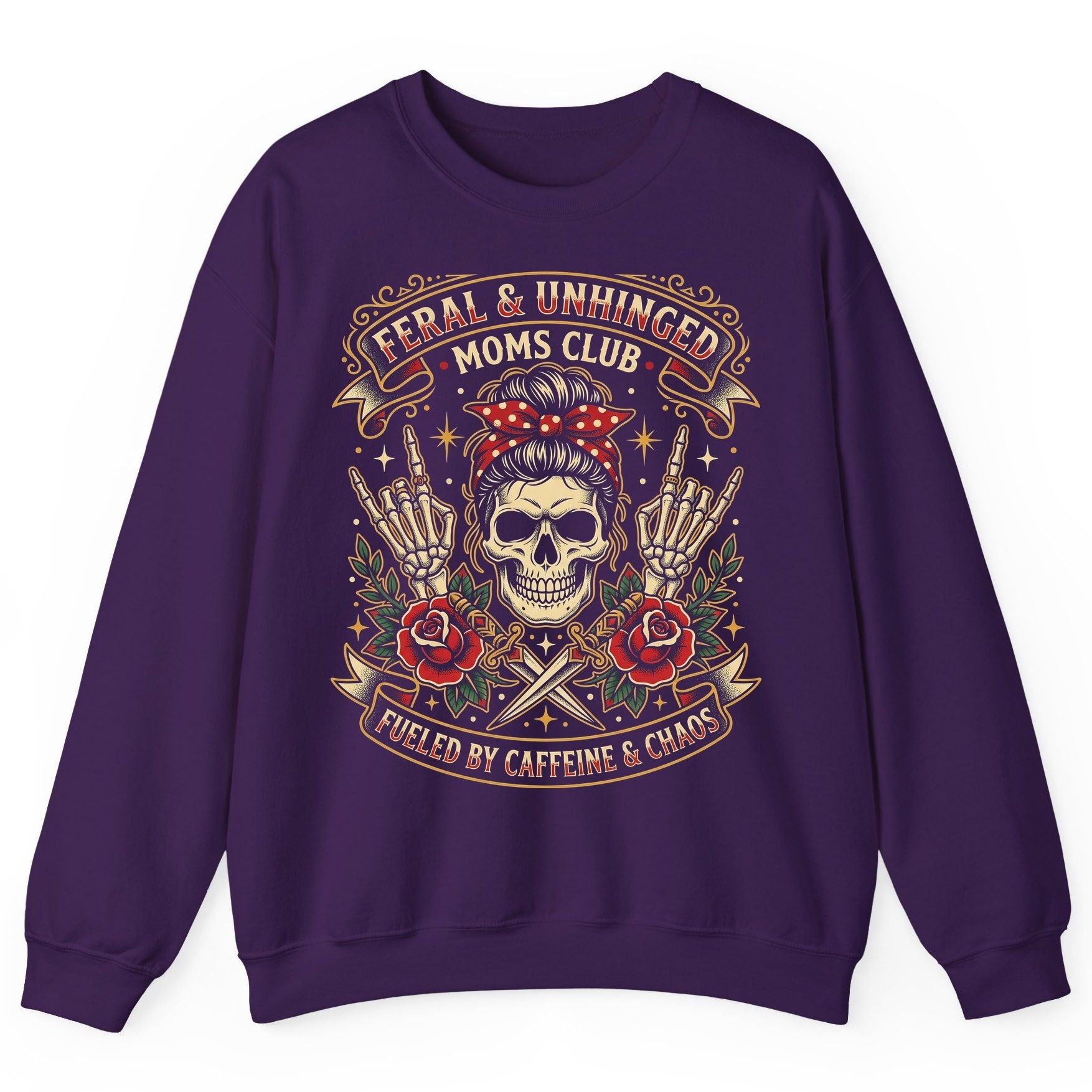 Feral & Unhinged Moms Club Fueled by Caffeine & Chaos Sweatshirt - product mockup - Purple