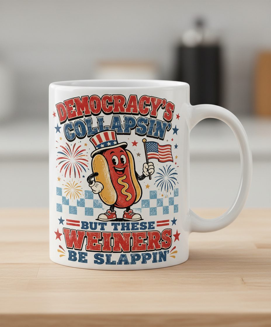 Democracy's Collapsin' but These Weiners Be Slappin' White Mug - product mockup - White