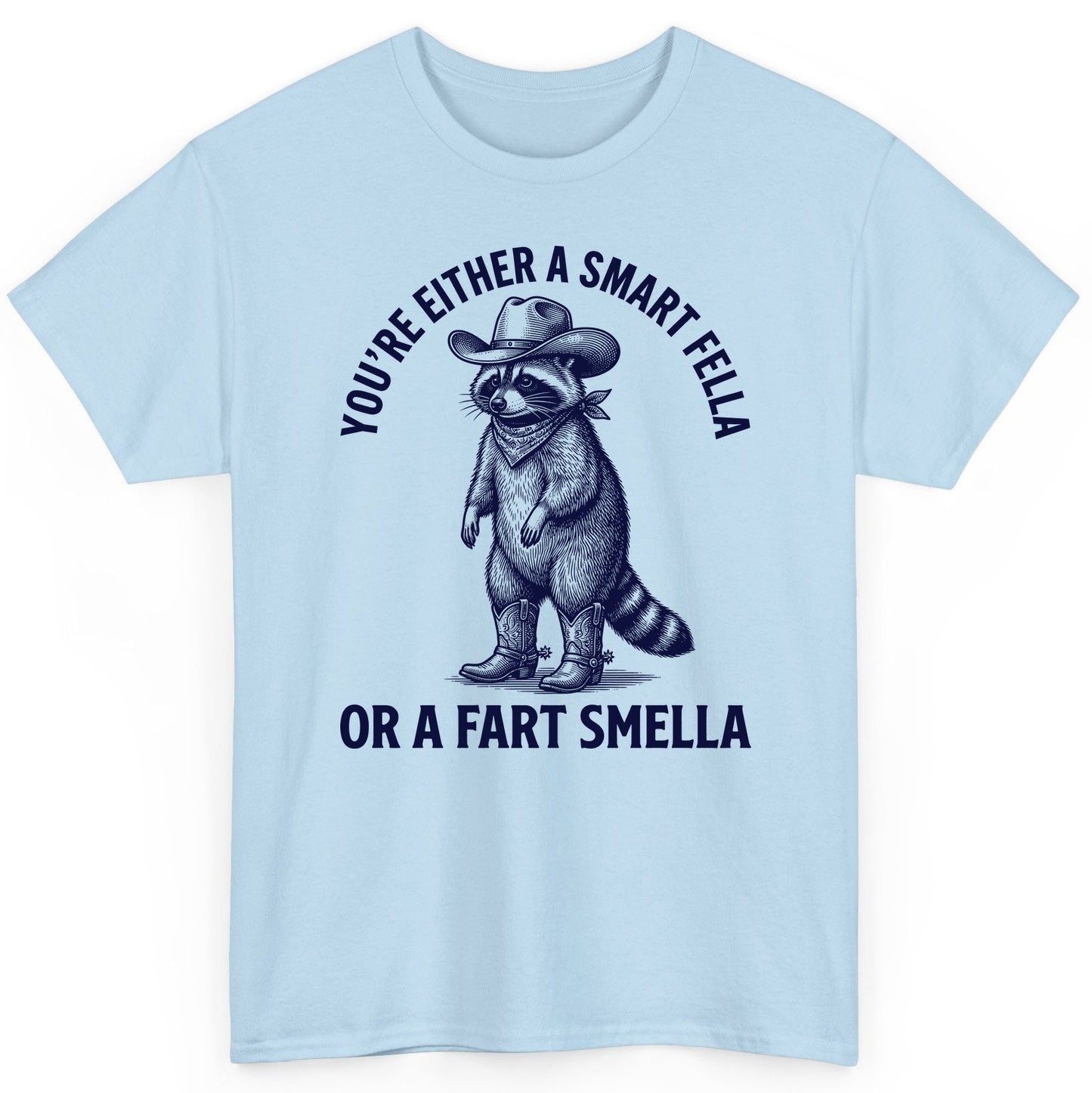 You're Either a Smart Fella or a Fart Smella cowboy raccoon T-Shirt Light Blue product mockup