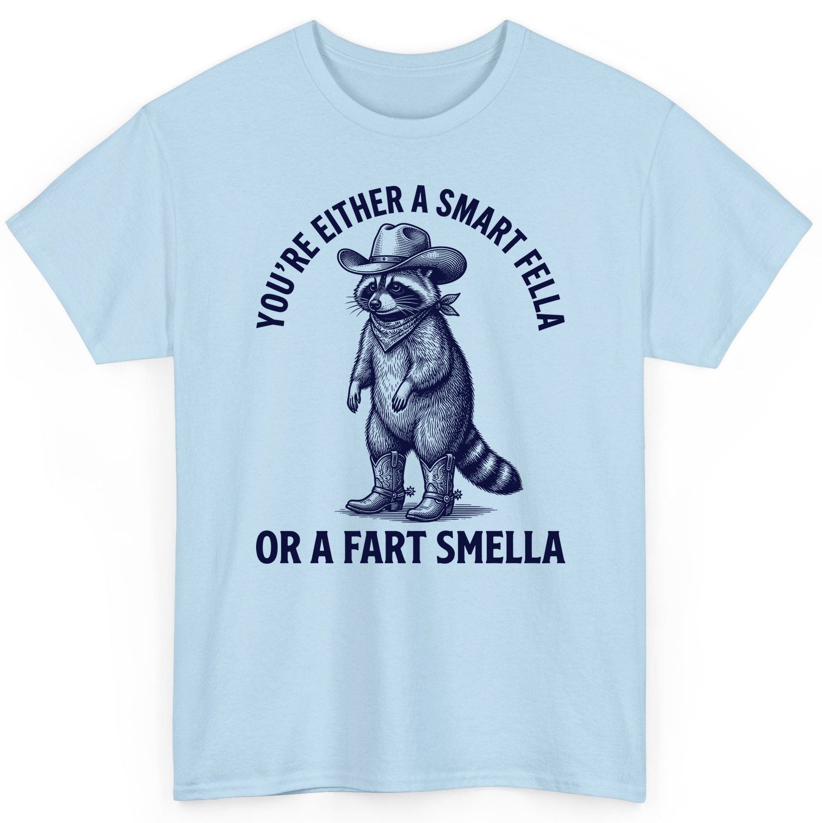 You're Either a Smart Fella or a Fart Smella cowboy raccoon T-Shirt Light Blue product mockup