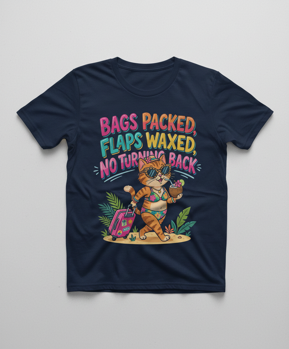 Funny Vacation Cat Bags Packed Flaps Waxed T-Shirt - Navy
