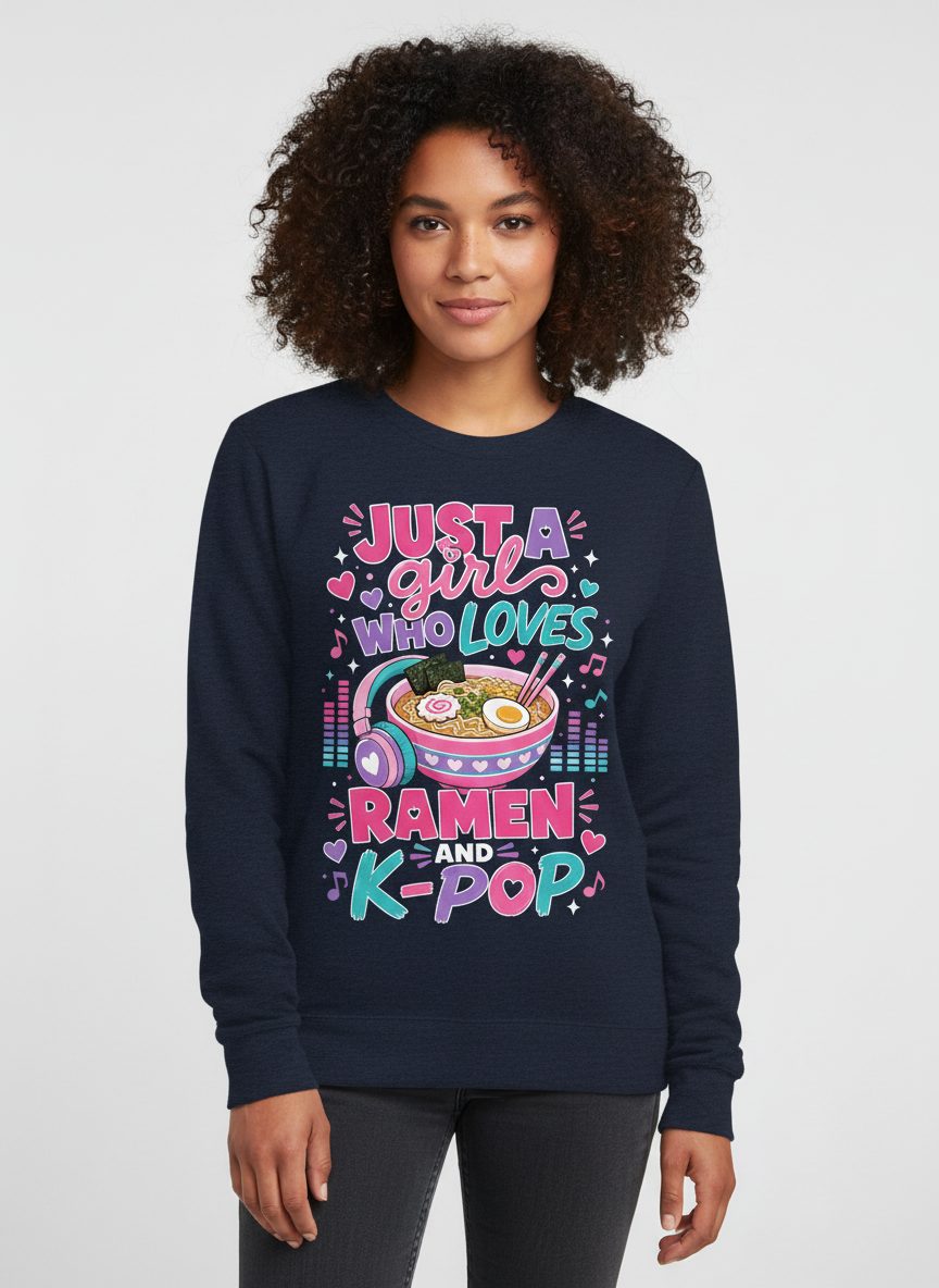 Just a Girl Who Loves Ramen and K-Pop and Ramen Sweatshirt - product mockup - Navy