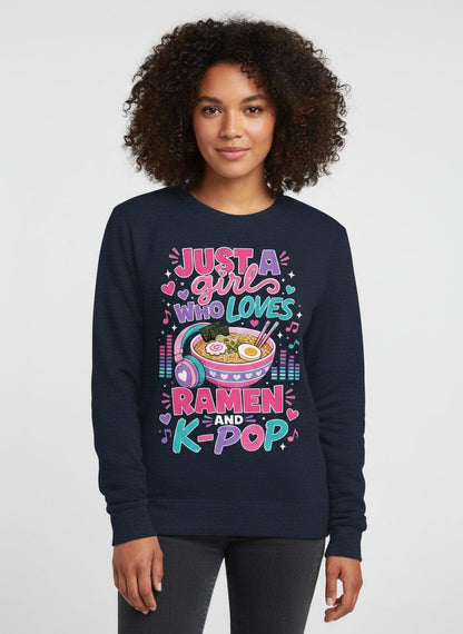 Just a Girl Who Loves Ramen and K-Pop and Ramen Sweatshirt - product mockup - Navy