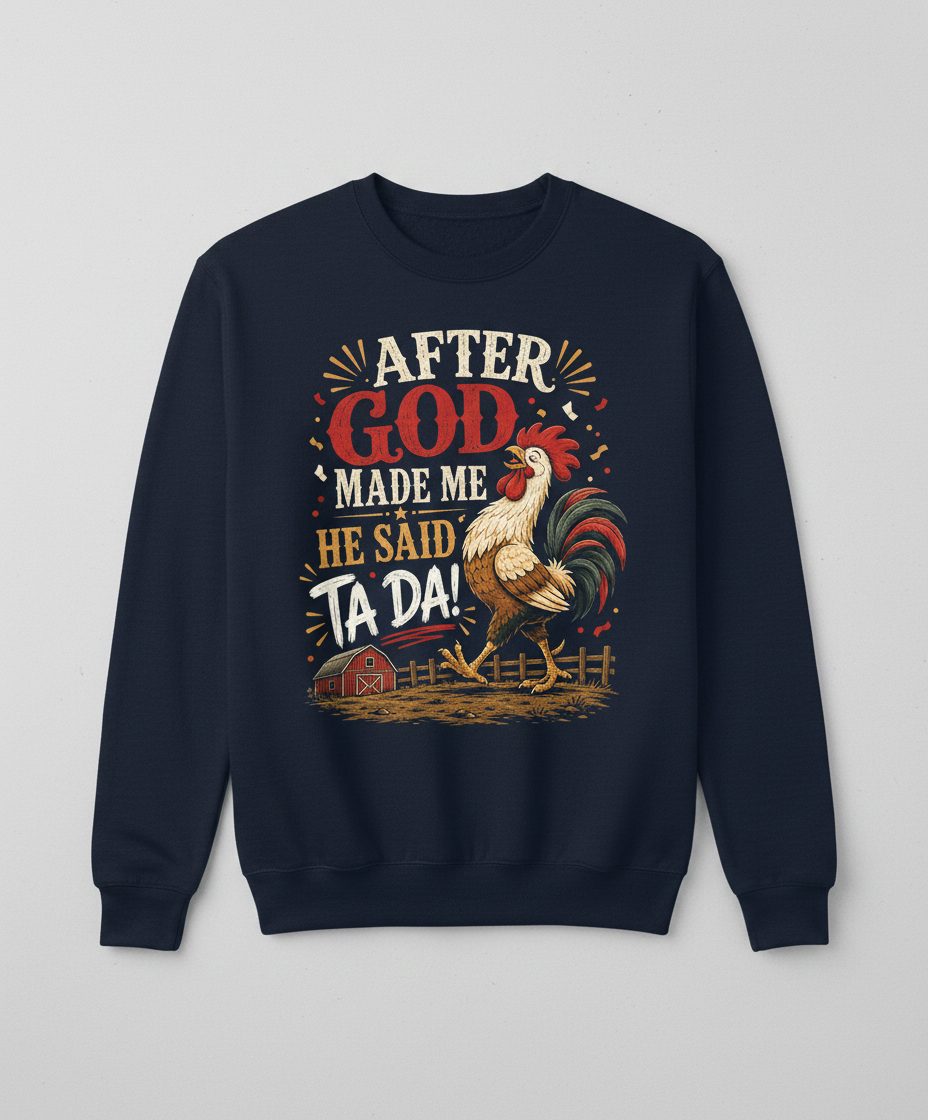 AFTER GOD MADE ME HE SAID TA DA Funny Rooster Sweatshirt - product mockup - Navy