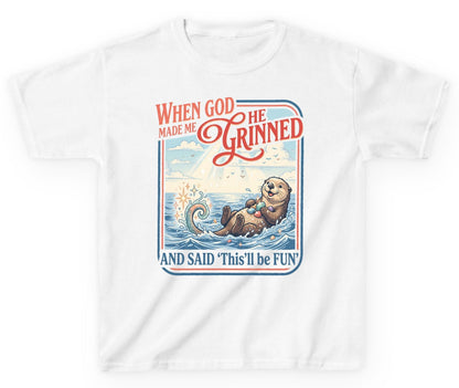 When God Made Me He Grinned and Said 'This'll Be FUN' Youth T-Shirt - product mockup - White