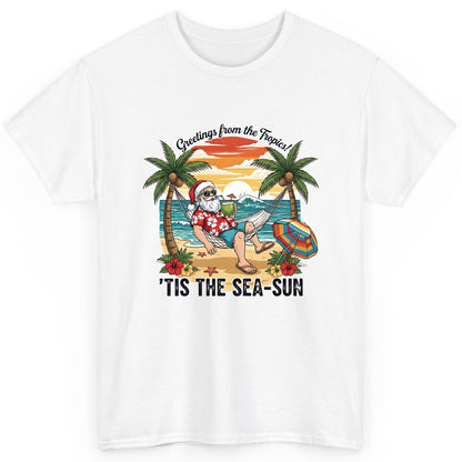 Greetings from the Tropics 'Tis the Sea-Sun santa claus on a tropical vacation T-Shirt White product mockup