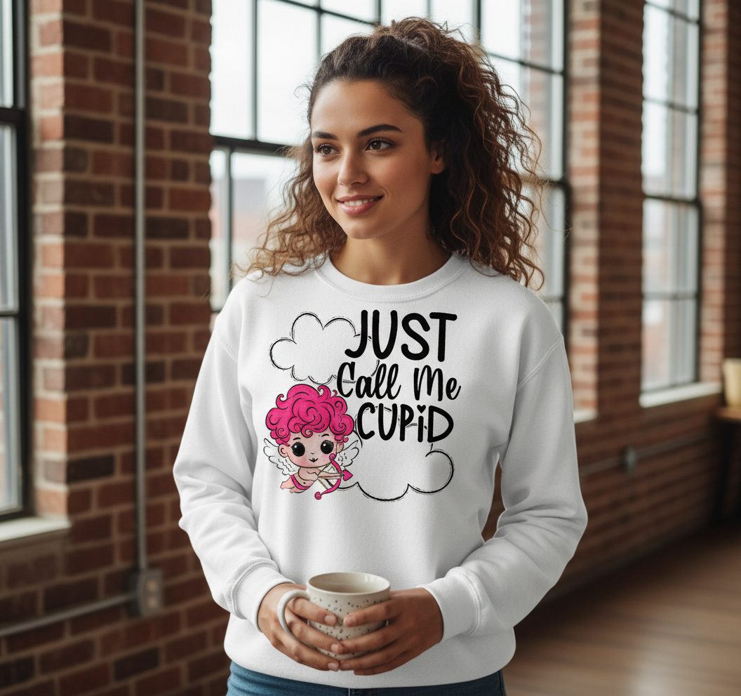 Just Call Me Cupid cupid Sweatshirt White lifestyle mockup