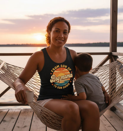 From Son Up to Sun Down Boy Mama Retro Mothers of Sons Tank Top - lifestyle model mockup - Black