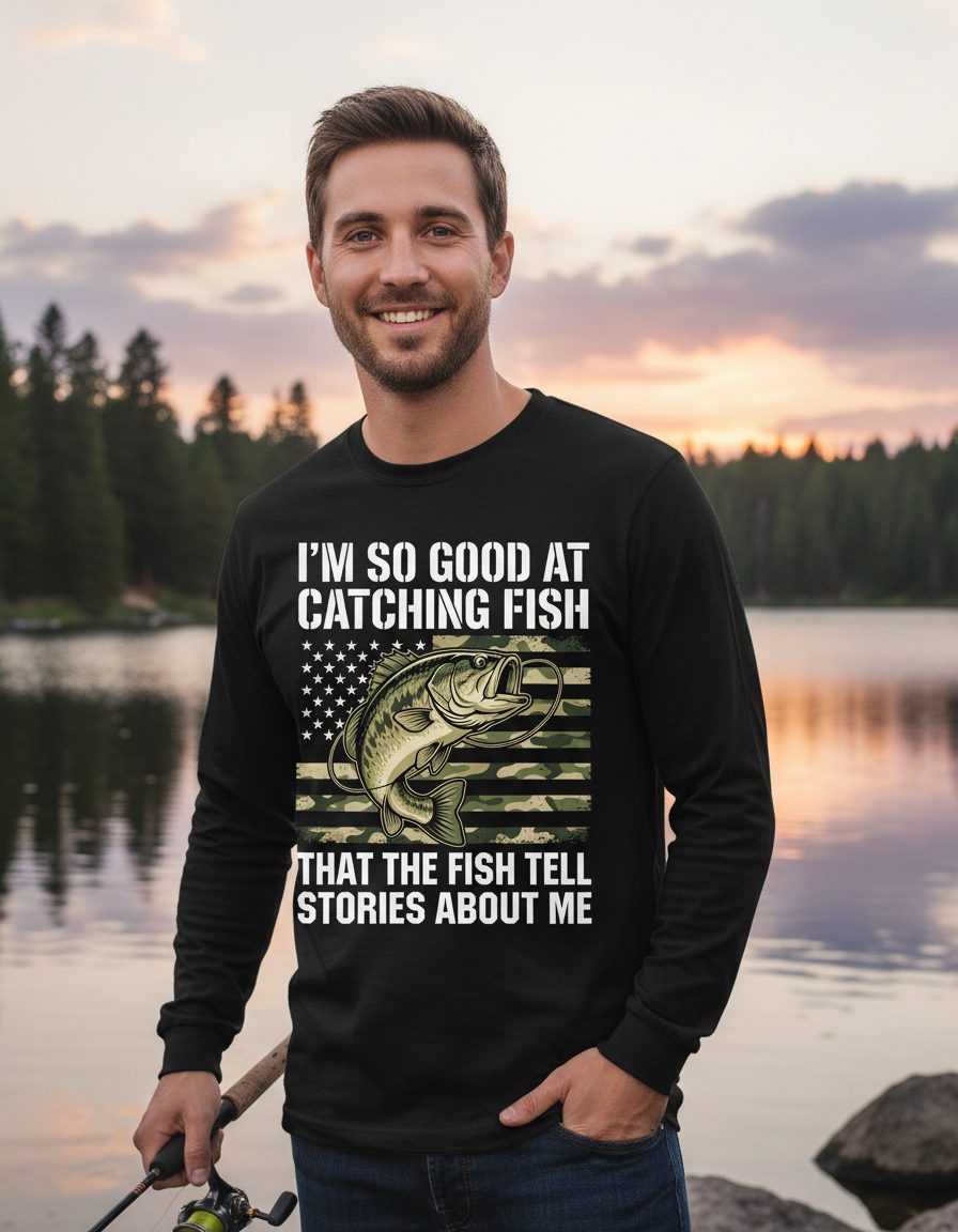 I'm So Good at Catching Fish That the Fish Tell Stories About Me fishing Long Sleeve Tee Black lifestyle mockup
