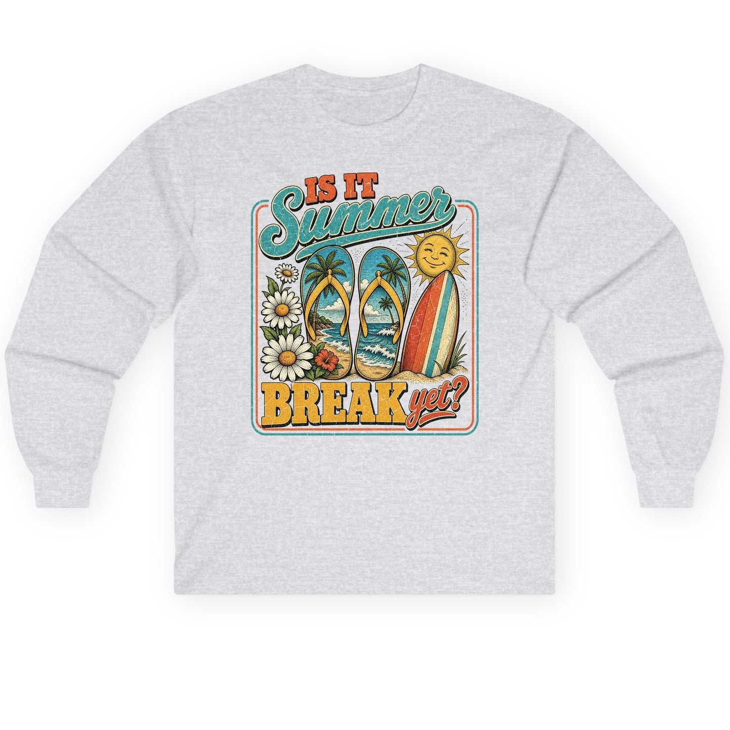 Is It Summer Break Yet Retro Vacation Long Sleeve Tee - product mockup - Ash