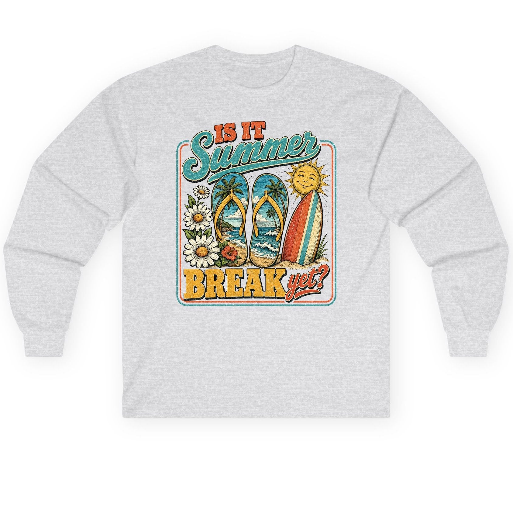Is It Summer Break Yet Retro Vacation Long Sleeve Tee - product mockup - Ash