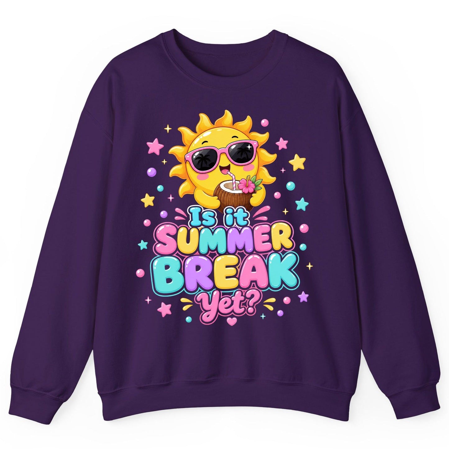 Is It SUMMER BREAK Yet Funny Vacation Sweatshirt - product mockup - Purple
