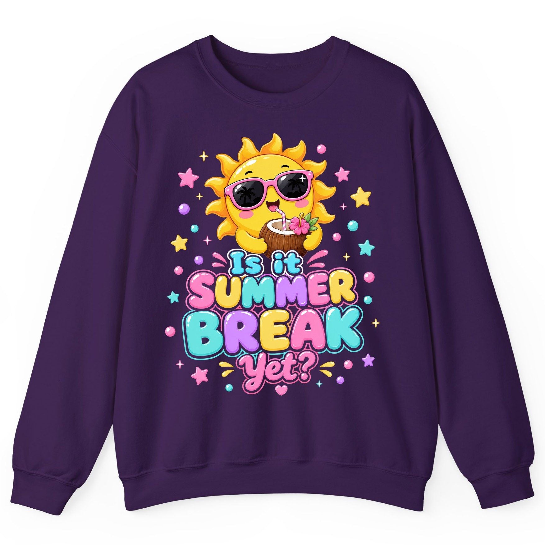 Is It SUMMER BREAK Yet Funny Vacation Sweatshirt - product mockup - Purple