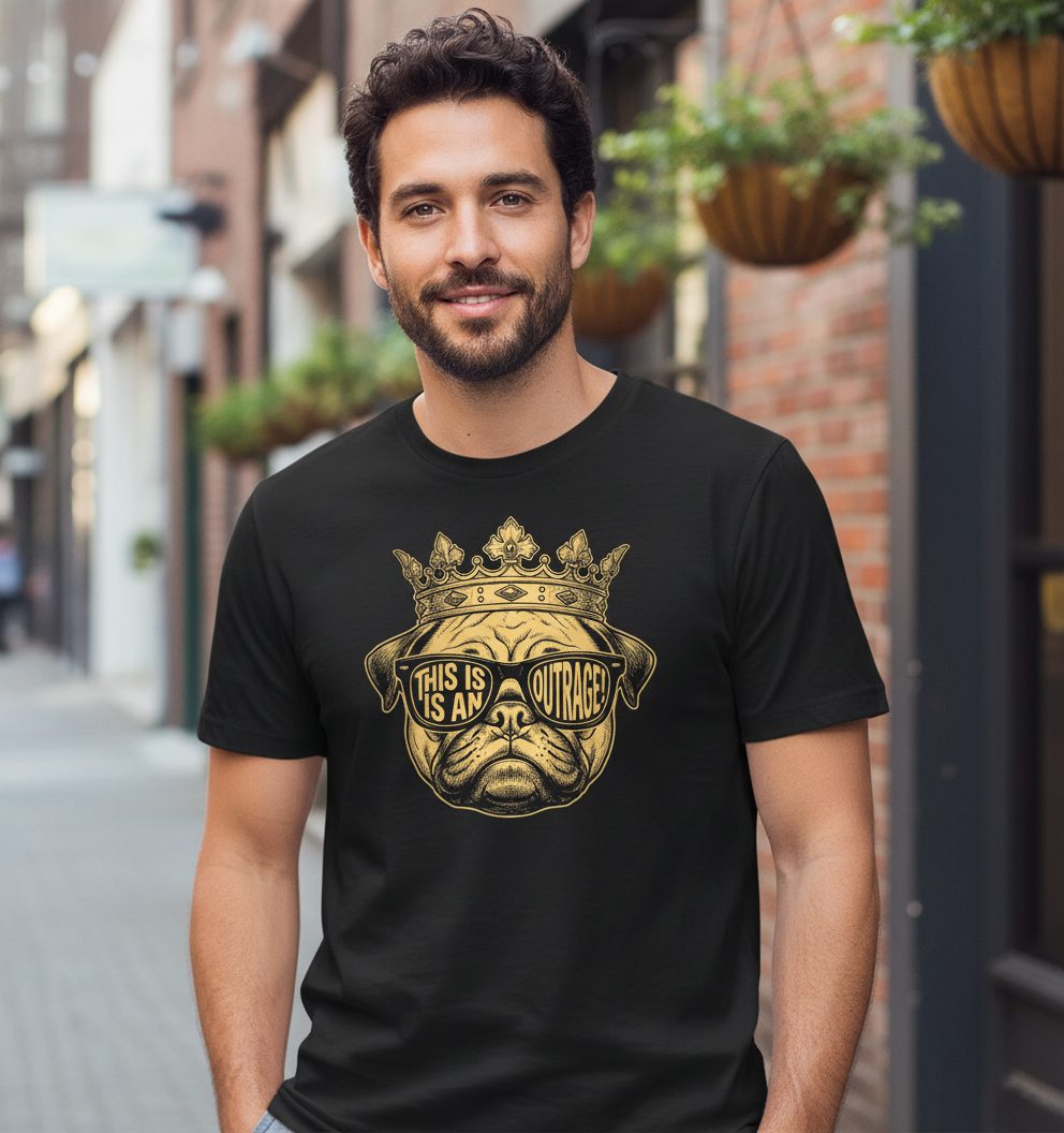 This Is An Outrage! Pug T-Shirt Black lifestyle mockup