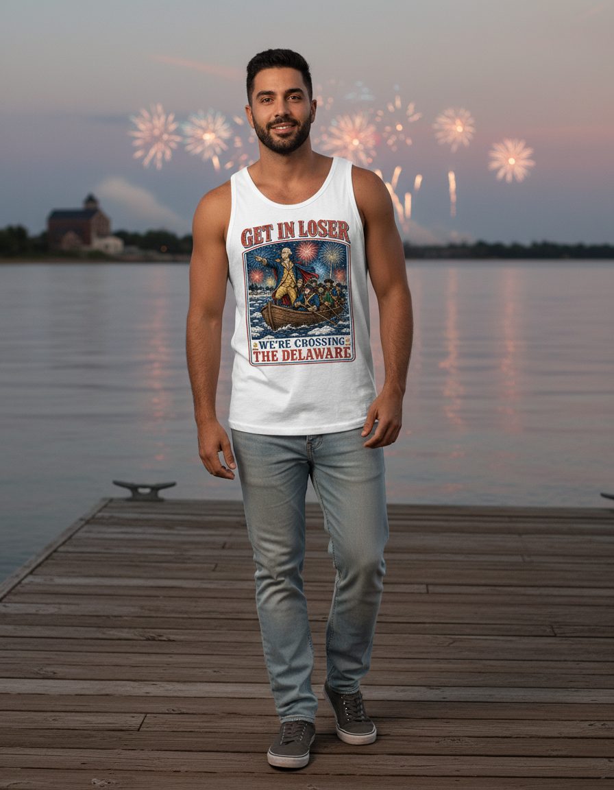 Get in Loser We're Crossing the Delaware Tank Top - lifestyle model mockup - White