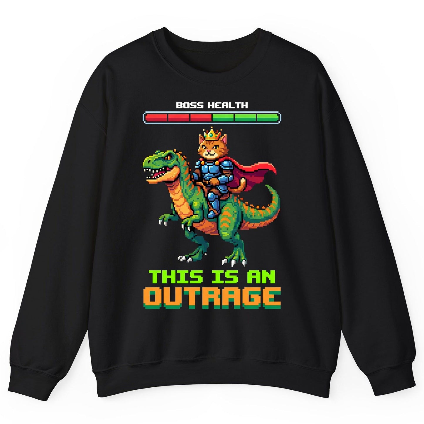 THIS IS AN OUTRAGE Cat riding a dinosaur Sweatshirt Black product mockup