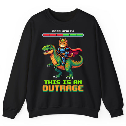 THIS IS AN OUTRAGE Cat riding a dinosaur Sweatshirt Black product mockup