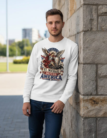 St Michael Defend America Vintage Patriotic Christian Sweatshirt - lifestyle model mockup - White