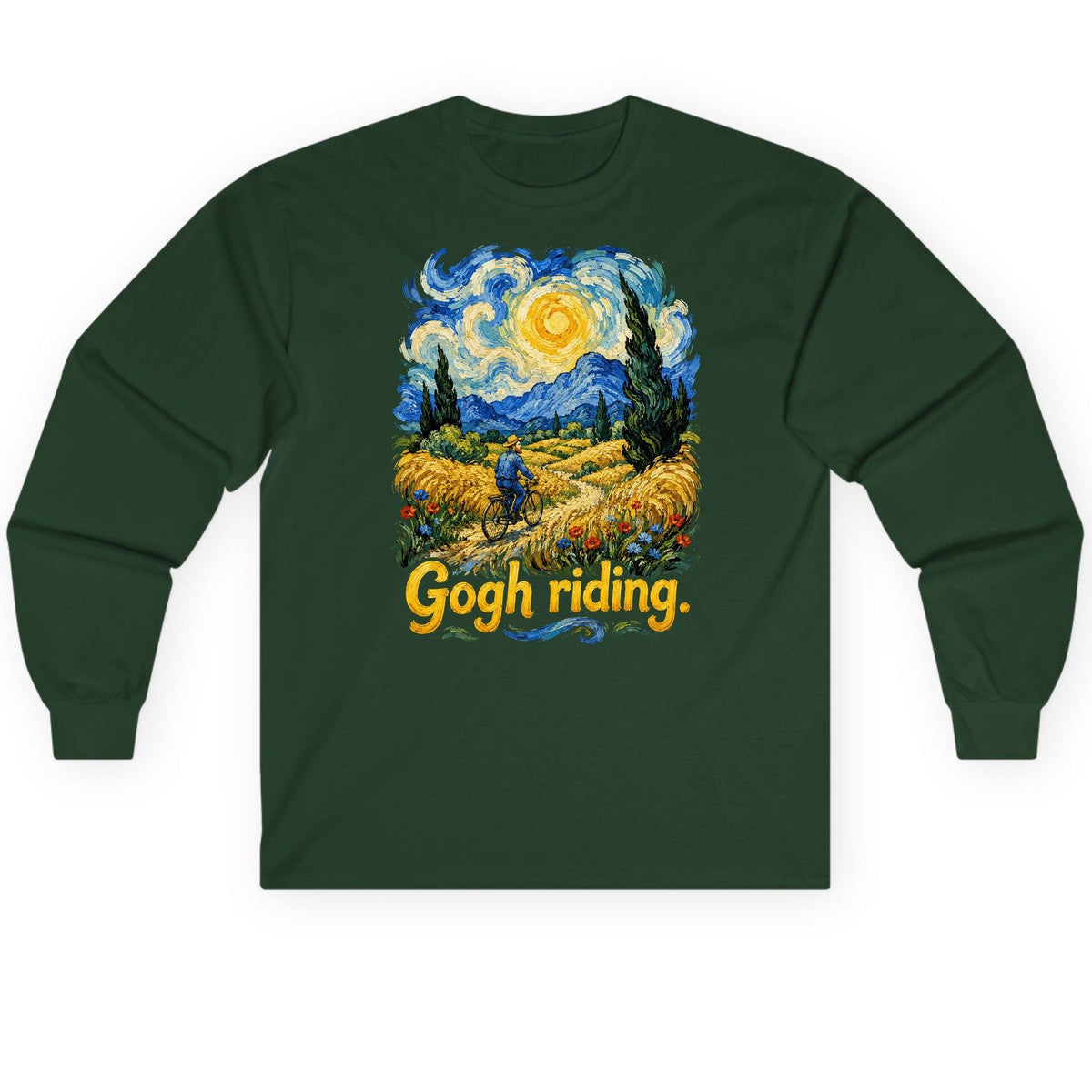 Gogh Riding van gogh art parody Long Sleeve Tee Forest Green product mockup