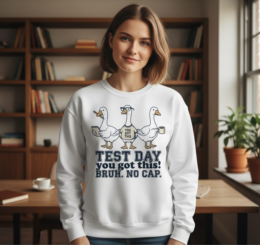 TEST DAY You Got This BRUH NO CAP Funny Students Sweatshirt - lifestyle model mockup - White