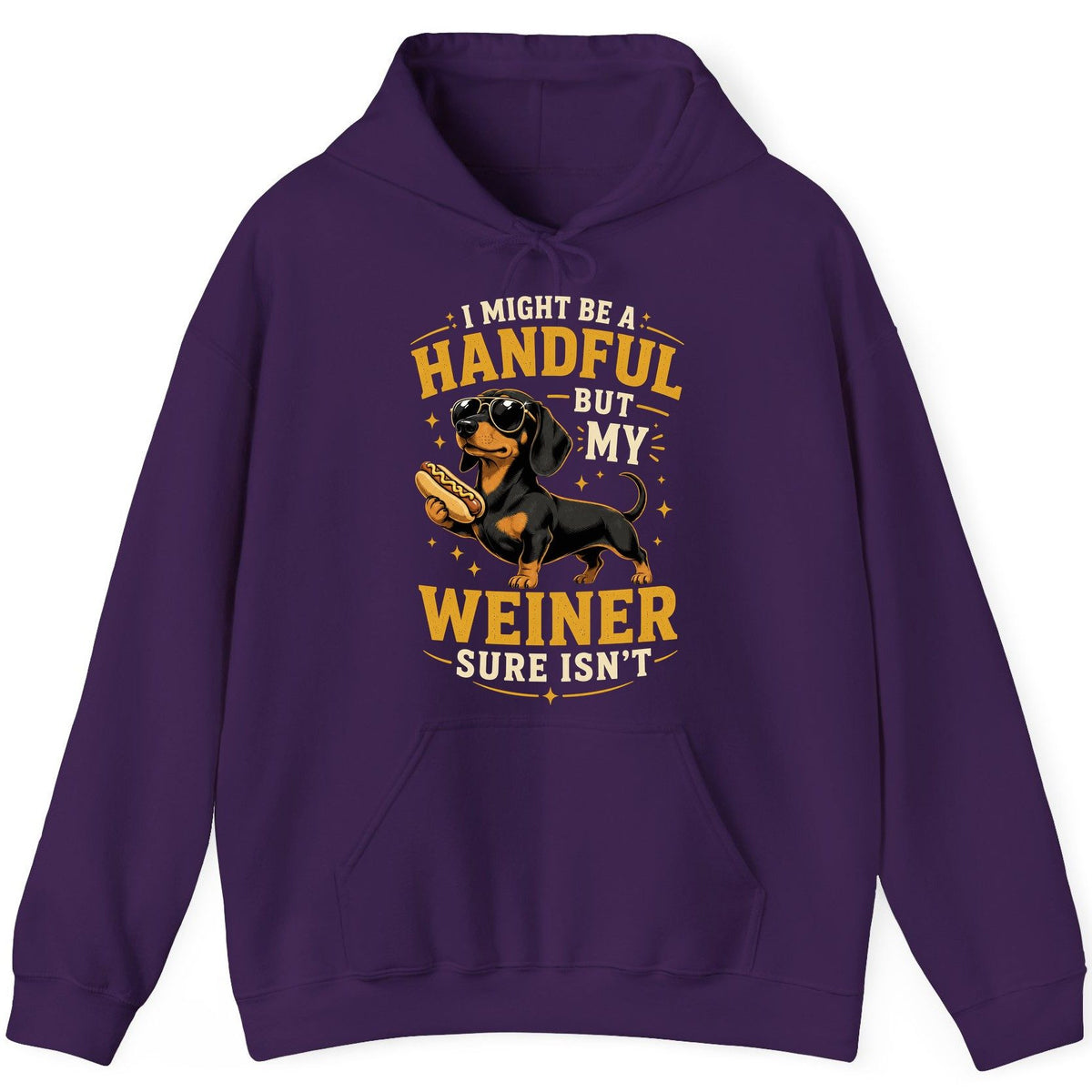 I Might Be a Handful but My Weiner Sure Isn't dachshund Hoodie Purple product mockup
