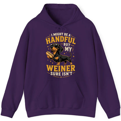I Might Be a Handful but My Weiner Sure Isn't dachshund Hoodie Purple product mockup