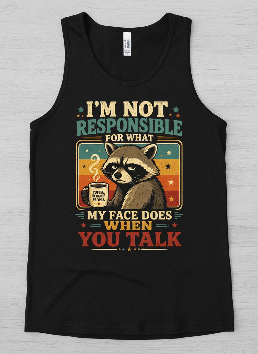 I'm Not Responsible for What My Face Does When You Talk Funny Sarcastic Raccoon Tank Top - product mockup - Black