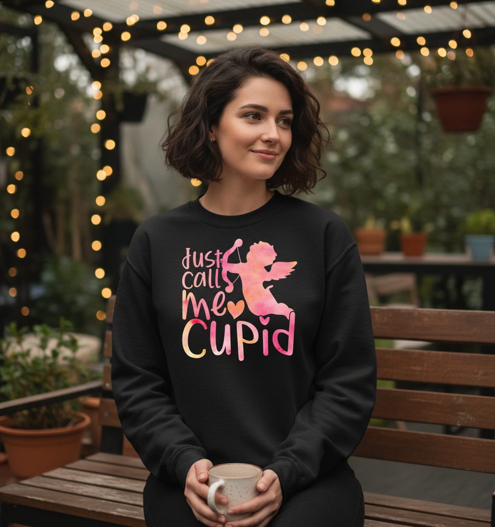 Just Call Me Cupid cupid Sweatshirt Black lifestyle mockup