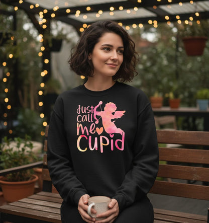 Just Call Me Cupid cupid Sweatshirt Black lifestyle mockup