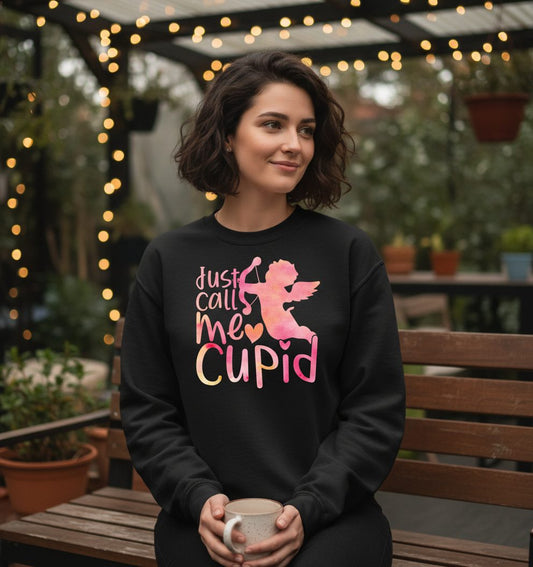 Just Call Me Cupid cupid Sweatshirt Black lifestyle mockup